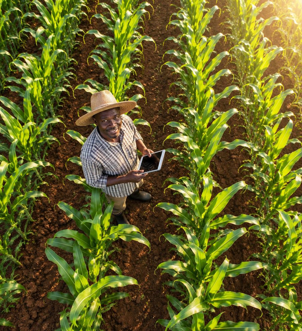 A farmer standing between rows of maize, holding a tablet